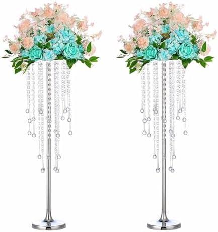 29.5 inches Tall Silver Vases Wedding Centerpieces, Elegant Metal Flower Candle Holder with Chandelier Crystal,for Wedding Party Event,Birthday,Reception,New Year Home Decorations