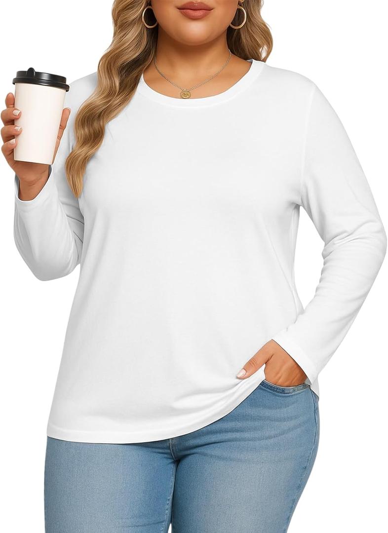L-6XL Womens Plus Size Tops Long Sleeve Crew Neck T Shirts Anti-Wrinkle Soft Lightweight Oversized Basic Tunics