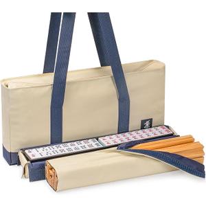 American Mahjong Game Set with Blue Carrying Bag,166 Premium White Tiles (1.2''), All-in-One Color Rack/Pushers, Chips, Wind Indicator, English Manual, Complete Mah jongg, Mahjong Tiles Set