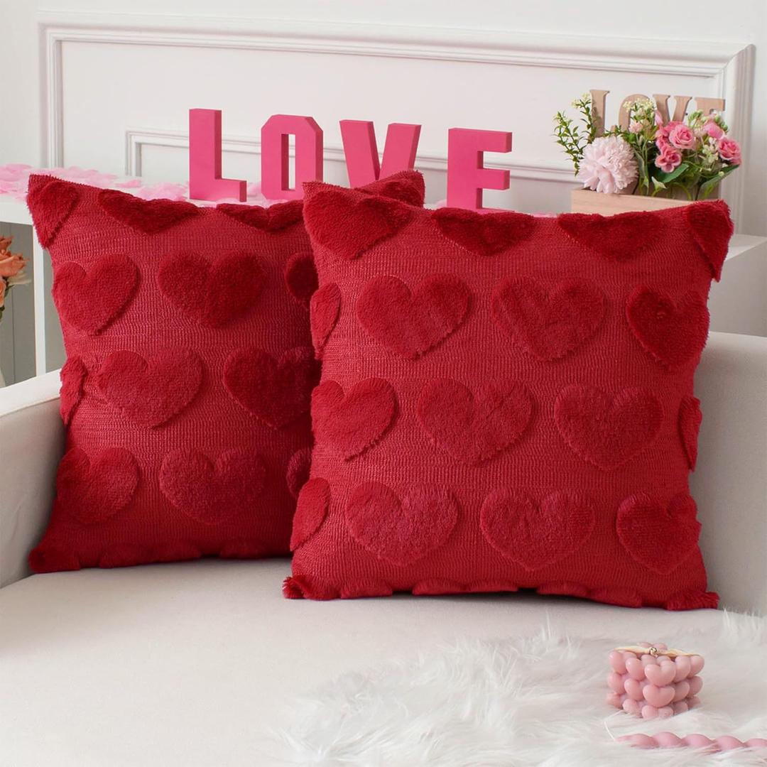 Kevin Textile Heart Love Cute Decorative Throw Pillow Covers 18x18 Inch Set of 2 Soft Faux Fur Pillow Covers for Valentine's Day Gifts Fluffy Plush Pillow Case for Couch Cushion Livingroom Red