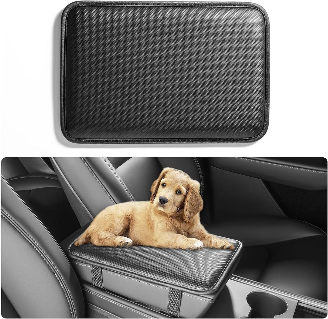 HighnessHwoo Car Armrest Covers, Vehicle Center Console Cover, Middle Storage Pads, Dog & Cat Paws Protetor, Carbon Fiber PU Leather, Waterproof, Anti-Slip, Auto Interior Accessories, Black, Size M