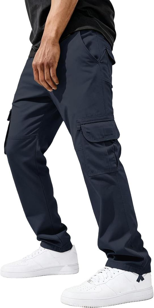 PLEPAN Men's Casual Cargo Pants Relaxed Fit Stretch Joggers Elastic Waist Hiking Pants with 6 Pockets for Streetwear (Large, Gray Blue)