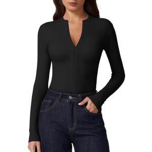 QINSEN Long Sleeve Shirts for Women V Neck Half Zipper Ribbed Knit Going Out Tops Full Length Basic Tee (Medium, Black)