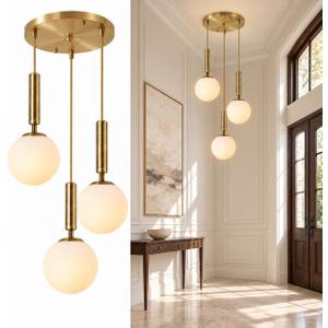 KCO 3-Light Milk Glass Globe Cluster Pendant Lighting Brass Gold Chandelier