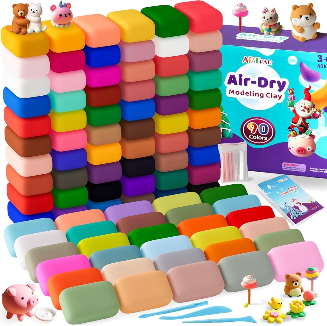 Air Dry Clay for Kids,90 Colors Modeling Model Magic Clay,DIY Molding Clay Starter Kit with Sculpting Tools,Soft and Non-Sticky,Art and Crafts for Boys & Girls 3-12 Years Old.