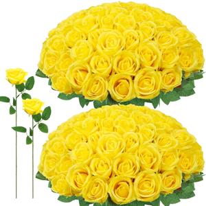 72 Pcs Artificial Roses Yellow Fake Silk Roses Realistic Roses Faux Flower Indoor Wedding Home Decor, Birthday Decorations