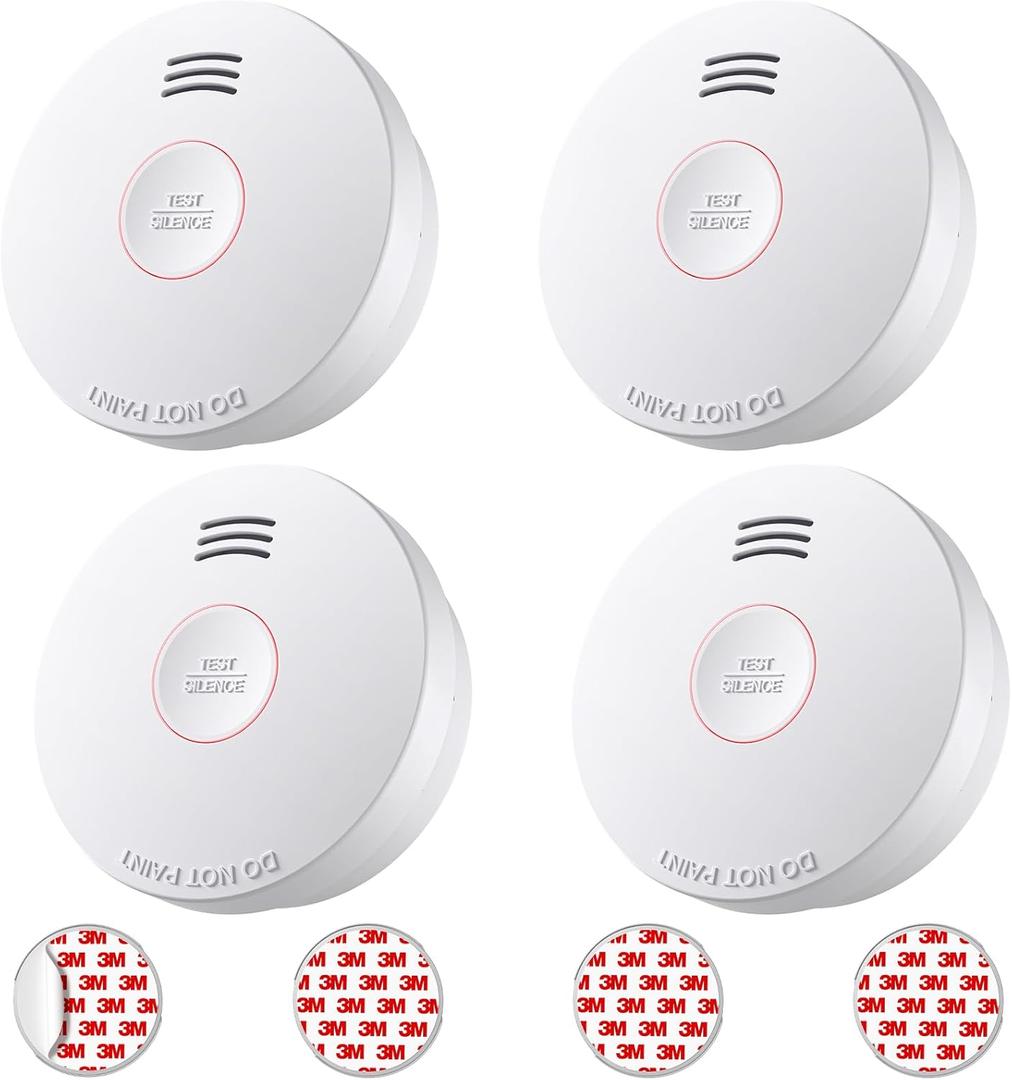 Smoke Detector 10 Year Battery, Smoke Fire Alarm with Photoelectric Sensor, Easy to Install with Magnetic Mount, Smoke Detectors with Silence Button & LED Lights for Home, 4 Pack