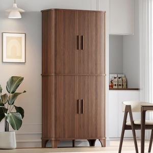 Decofy 69" Tall Kitchen Pantry Storage Cabinet with Sliding Door, Modern Curved Edge Pantry Storage Cabinet with 5 Shelves, Cupboard for the Kitchen, Dining Room, Bedroom, Living Room, Office (Walnut)