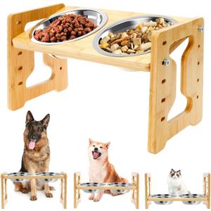 Elevated Dog Bowls - Flexible Adjustable Dog Bowl Stand for Small Medium Dogs & Cats | 6'' Diameter Double Bowls & Non-Slip Foot Pads & Removable Stand