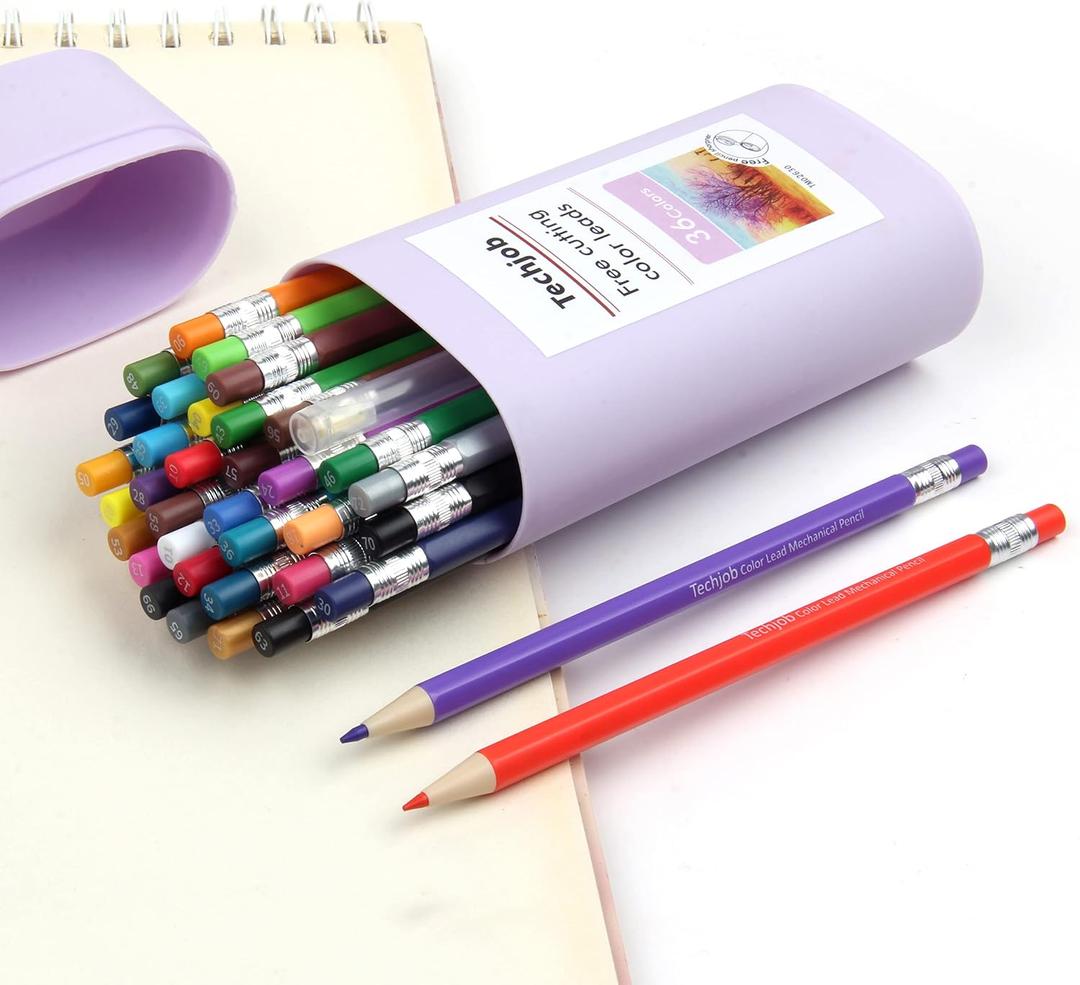 Colored Mechanical Pencil 2.6mm for Coloring and Drawing, Mechanical Colored Pencils, Mechanical Pencils with Sharpener and Portable Case,36pcs