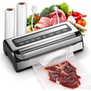 95KPa Automatic Vacuum Sealer, 9-in-1 Food Sealer for Dry/Moist/Liquid Foods, Double Heat Seal & Pump, Includes Bag Rolls & Hose, Built-in Cutter, Stainless Steel