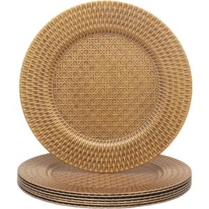 13 Inch Antique Gold Charger Plates Set of 6 Round Plastic Plates Matte Finish Faux Rattan Woven Texture Charger plates for Wedding Party Christmas (537)