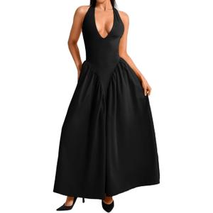 ChiaoLezhee Deep V Neck Dress, Halter Maxi Dresses, Vacation Date Night, Sexy for Women Corset Flowy Wedding Guest Drop Waist (Black). S Size