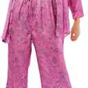 Women Satin Pajama Set Floral Silk Pajamas 2 Piece Lounge Sets Button Down Shirts Wide Leg Pants Pjs Sleepwear (Medium, Rosered)