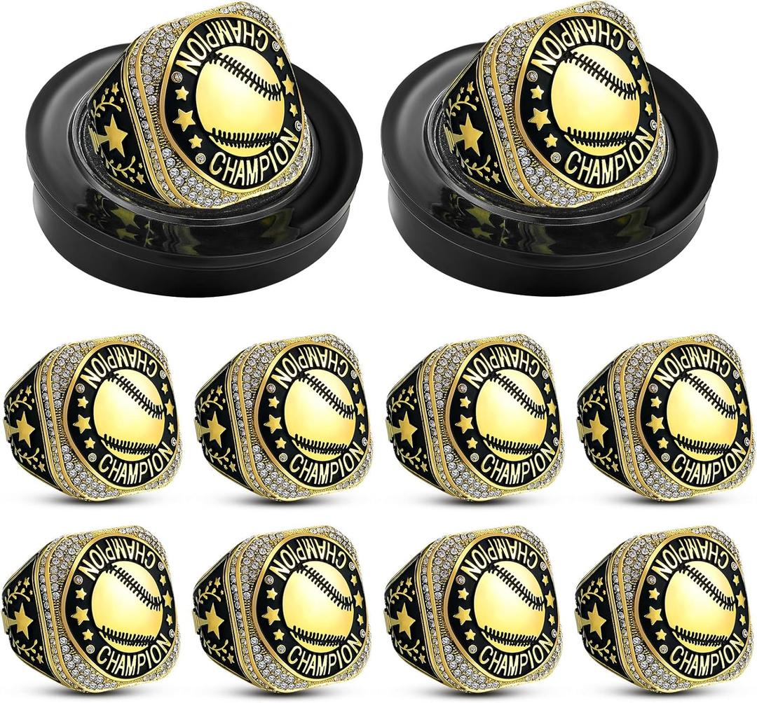 Highergo 10pcs Softball Soccer Baseball MVP Championship Trophy Ring with Display Neck Chain and Stand Basketball Cheerleading Bowling Football Volleyball Track Field for Award Gift (Gold)