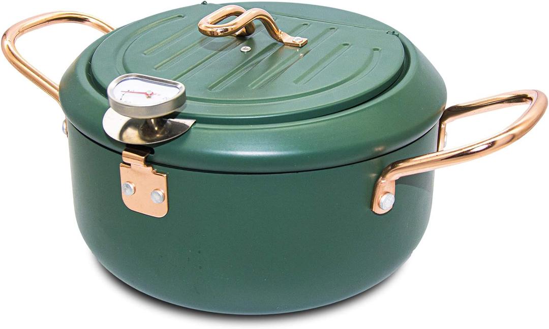 Japanese Tempura Deep Fryer Pot with Fahrenheit Thermometer 2.3L- Nonstick Carbon Steel Oil Fryer, Fried Tempura/Chicken/Fish/Shrimp, Easy Clean, Green Tempura Pan, 8.2inch