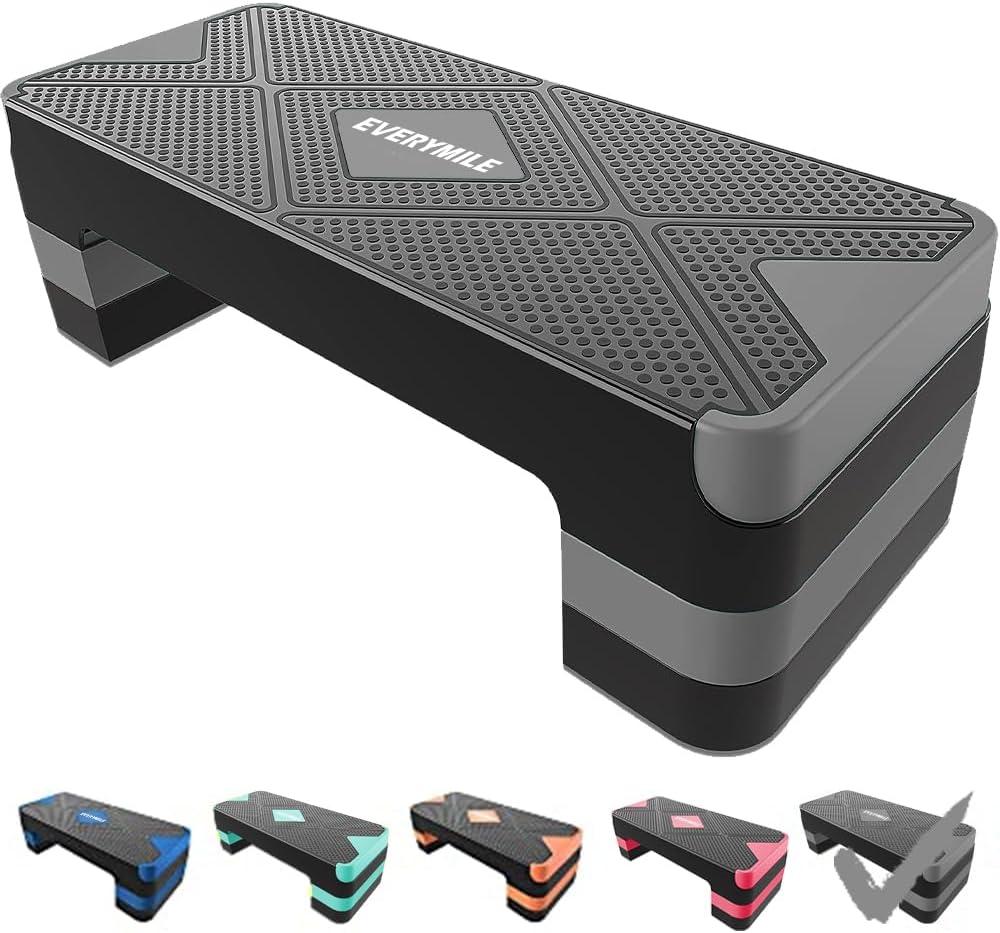 EVERYMILE Aerobic Exercise Step, Adjustable Aerobic Stepper for Exercise, Workout Step Platform, Step Up Box, 26.5" Step Deck with 4 6 8 Adjustable Height Risers, Women Home Gym Fitness (Grey)