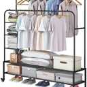 SUOERNUO Garment Rack for Hanging Clothes Rack Heavy Duty Portable with Bottom Metal Shelf Drying Coats Shirt,Black (Black+Double Rods+Shelf)