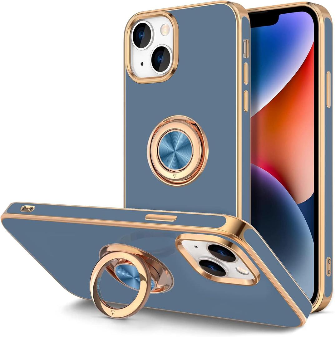 Hython for iPhone 14 Case with Ring Stand [360 Rotatable Ring Holder Magnetic Kickstand] [Support Car Mount] Plated Gold Edge Slim Soft TPU Luxury Shockproof Protective Phone Case Cover, Blue Gray