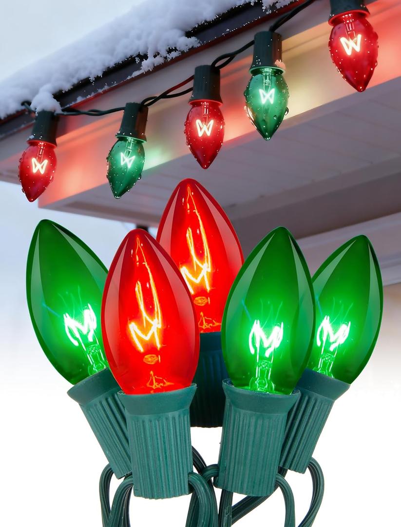 25ft Red and Green Outdoor Christmas Lights,C9 Vintage Christmas String Lights with 26 Red Green Bulbs(1 Spare),Waterproof Hanging Christmas Lights for Roofline Tree Backyard Decor
