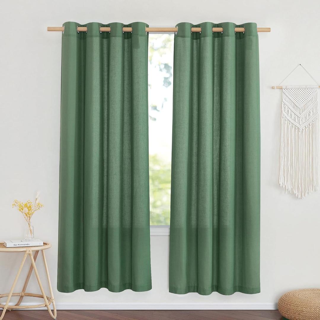 NICETOWN Thick Linen Blend Flax Window Curtains, Grommet Vertical Drapes Privacy Added with Light Through Window Treatment for Bedroom/Living Room, Olive Green, W55 x L72, 2 Panels