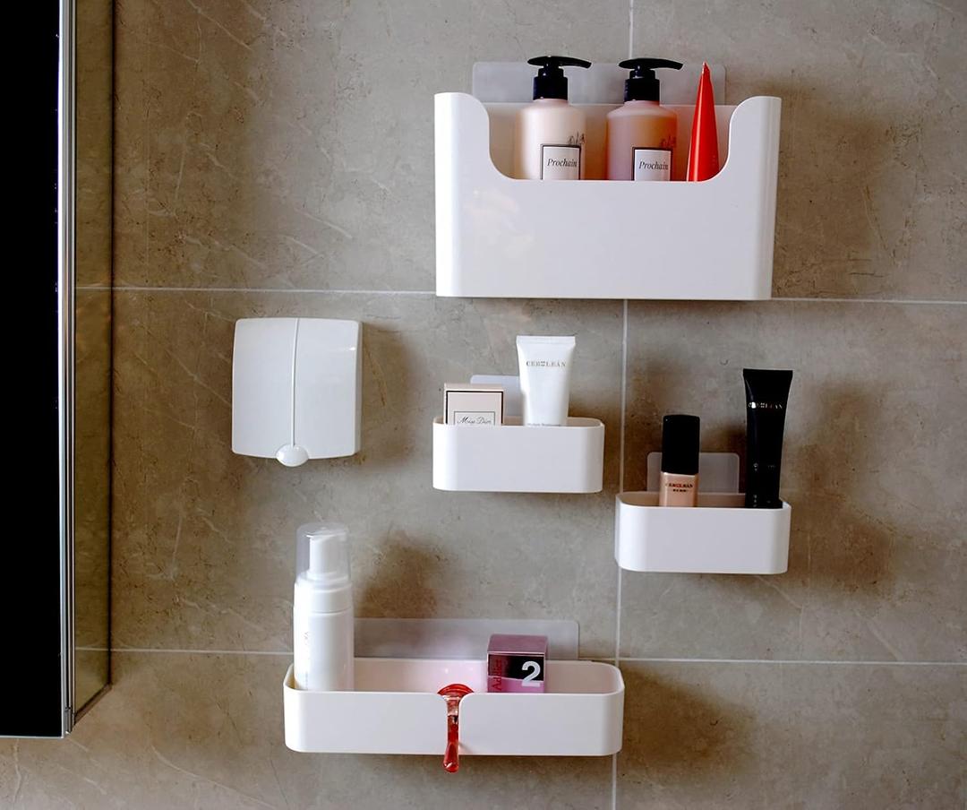 Adhesive Wall Mounted Shelves, Durable ABS Plastic Hanging Storage Bins White, Excellent Floating Organizer 4pcs Set, Convenient Storage Solution on Smooth Wall Surface, 10.8x6.5x3.2 inch