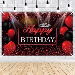 AIBIIN Happy Birthday Banner Decorations for Women Stage Lighting Confetti Crown Background Birthday Party Supplies Balloons Backdrop Photography Banner,70.8x43.3 Inch Red