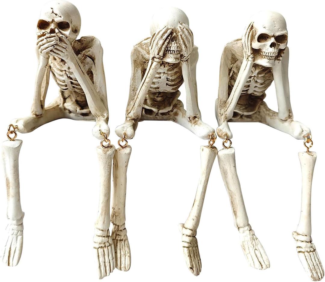 Halloween Skeleton Statues Set of 3  See No Evil, Hear No Evil, Speak No Evil, Resin Skull Figurines for Gothic Home Decorations, Shelf Mantel Decor, Tabletop Halloween Decor Indoor (3-Piece Set)