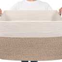 Goodpick Extra Large Woven Blanket Basket, 23.6" x 15.7" x 13.8" Storage Organizer for Blankets, Toys, Dirty Clothes, Rectangle Cotton Rope Basket for Living Room, Nursery, Bedroom (White & Light Brown)