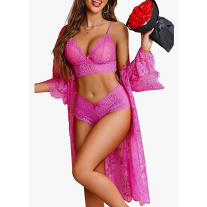 Avidlove Women Sexy Lingerie Set 3 Piece Bra and Panty Sets with Lace Kimono Robe Sleepwear Mesh Nightgown