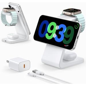 Meifigno 3 in 1 Wireless Charging Station for Apple MagSafe Charger, 15W Fast MagSafe Charger Stand Compatible with iPhone 17-12 Series, Apple Watch & AirPods, White