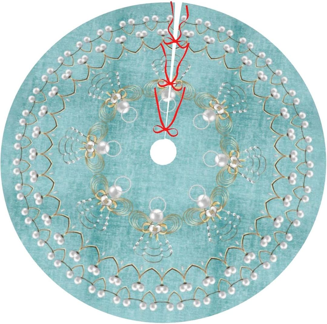48" Christmas Tree Skirt, Elegant Aqua Pearl Christmas Angel Pattern Large Xmas Tree Mat for Holiday Party Ornament Rustic Farmhouse Decorations