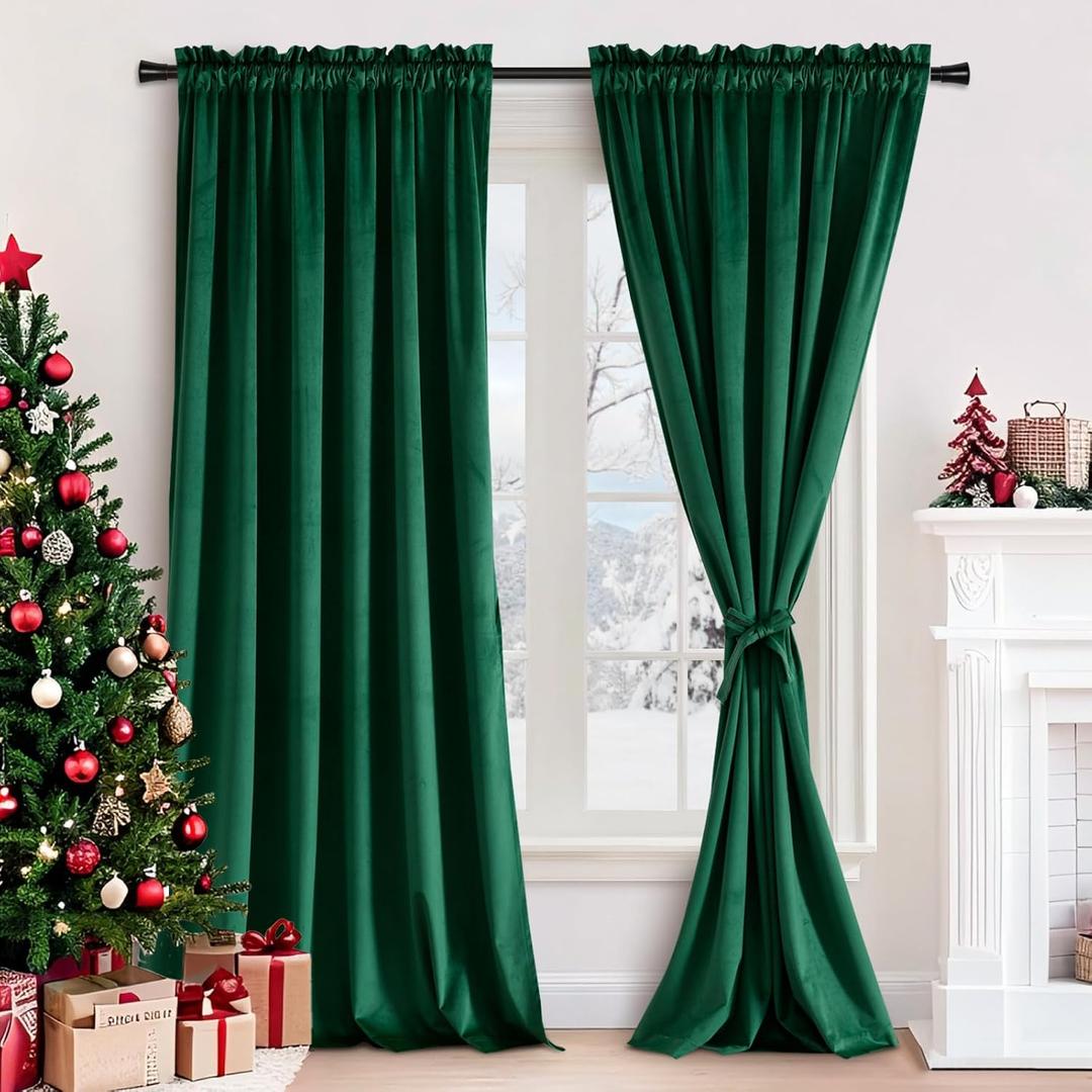 JIUZHEN Green Velvet Blackout Curtains 120 inches Long Luxury Rod Pocket Room Darkening Drapes for Bedroom/Living Room/Dining Room, Set of 2, W52 x L120