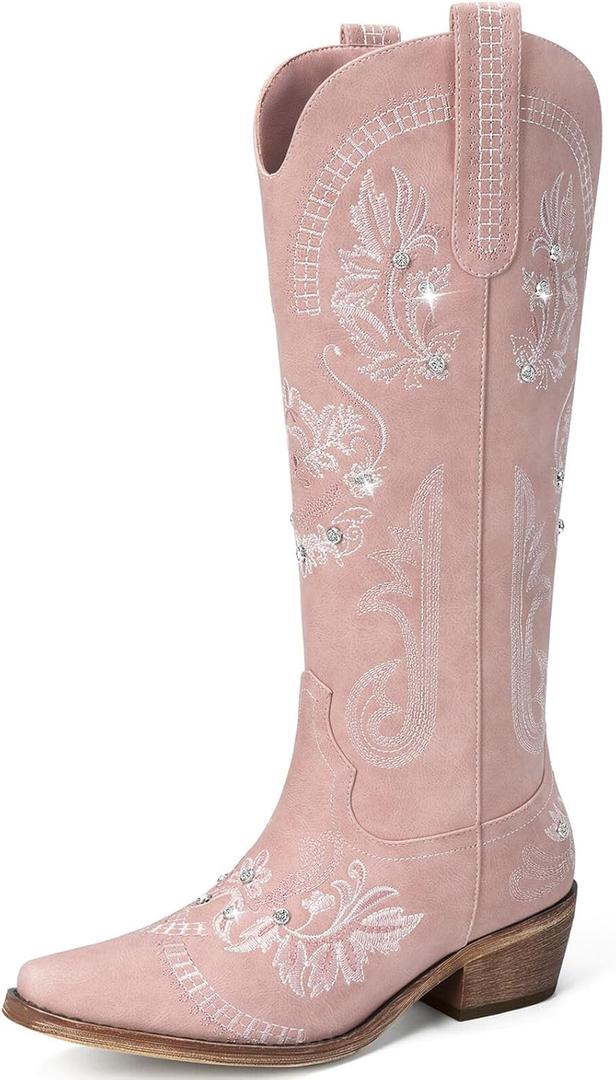 Cowboy Boots for Women - Wide Calf Knee High Cowgirl Boots, Glitter Sparkly Rhinestone Western Country Boots with Classic Embroidery, Pointed Toe Pull On Zipper Retro Boots (7, Pink) Cowboy Boots for Women - Wide Calf Knee High Cowgirl Boots, Glitter Sparkly Rhinestone Western Country Boots with Classic Embroidery, Pointed Toe Pull On Zipper Retro Boots (7, Pink)