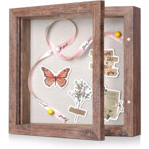 8x8 Shadow Box Frame with Linen Back - Sturdy Rustic Memory Display Case of Flower, Pictures, Medals and More, Rustic Brown