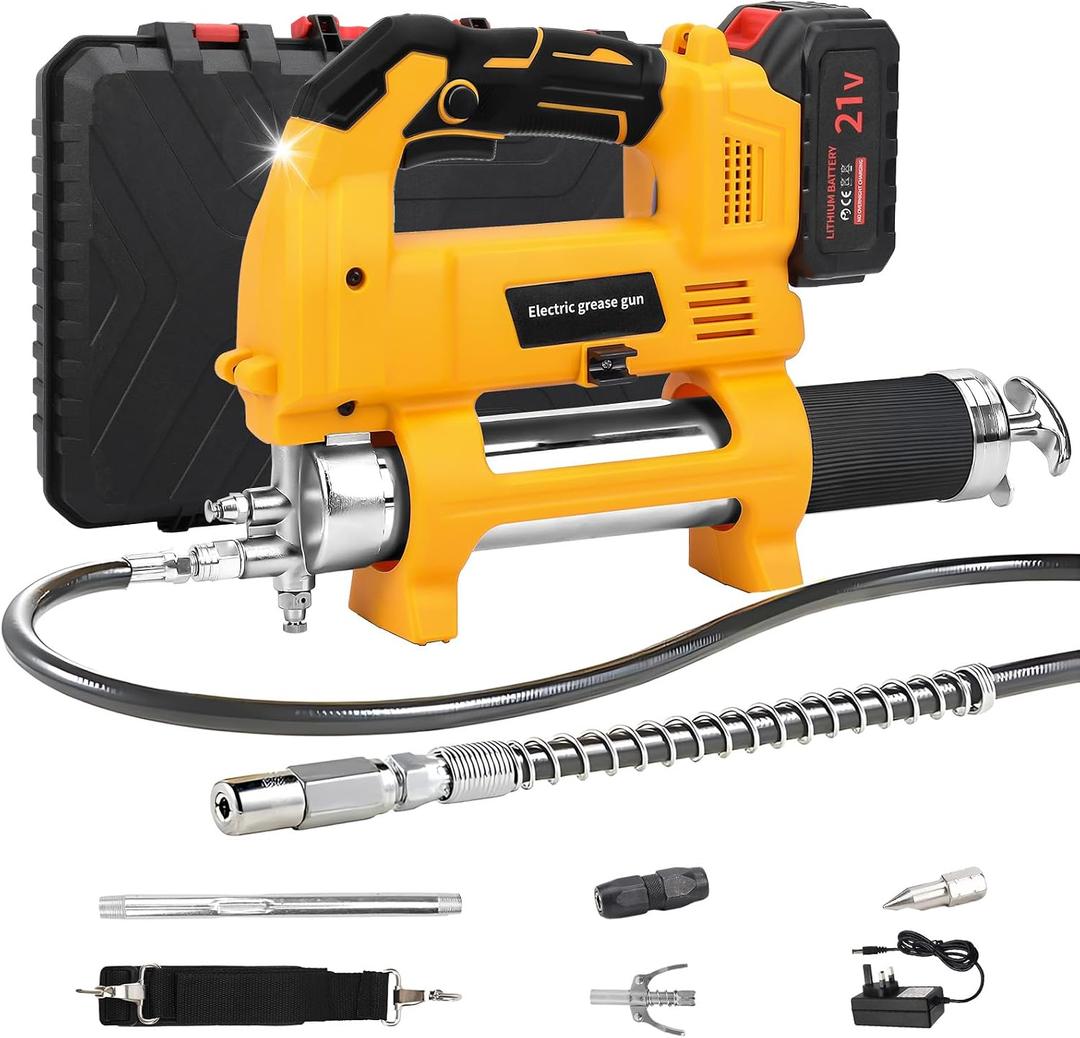 Battery Powered Grease Gun, 10,000 PSI/5.3 oz/min Electric Cordless Grease Gun Kit with 2 * 2.0AH Rechargeable Batteries and Charger, 39.4” Flexible Hose and Storage Box