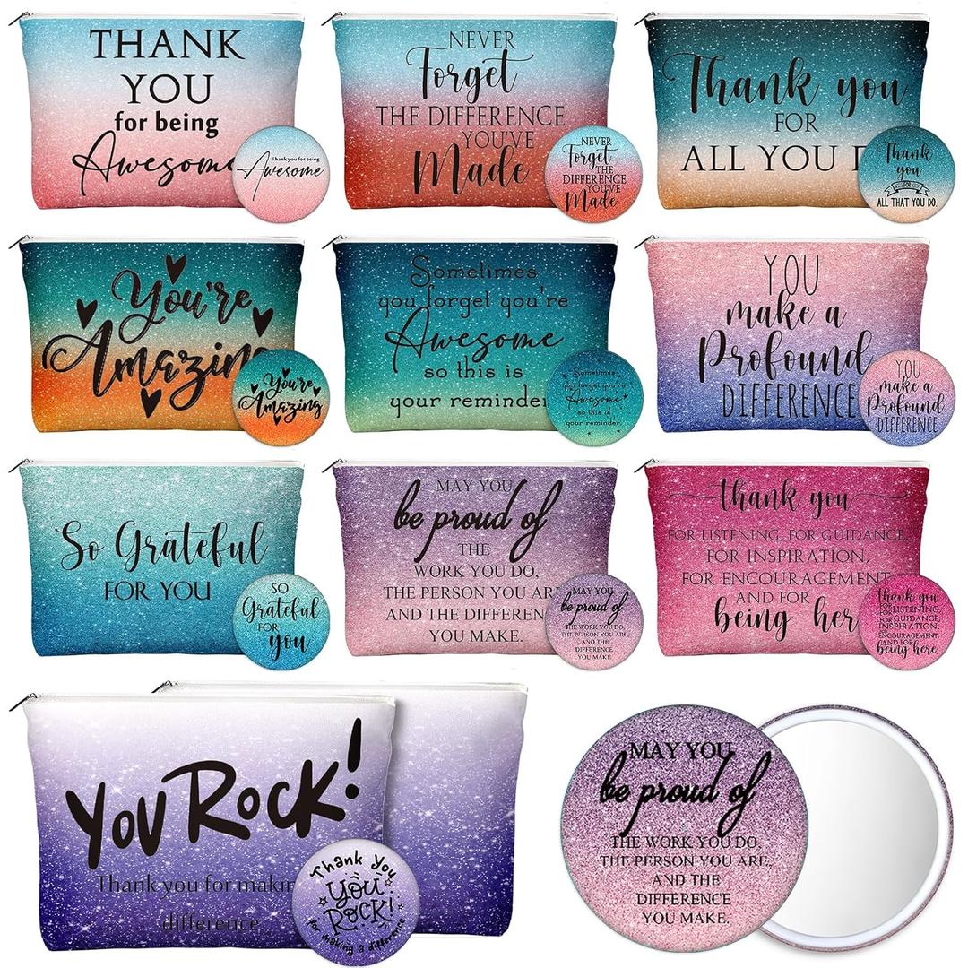 Employee Appreciation Gift for Women Teacher Inspirational Canvas Makeup Bag Portable Compact Mirror Bulk Cosmetic Bag Thank You Volunteer CNA Nurse Coworker(Recognition,Iridescent,20 Pcs)