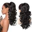 REECHO Ponytail Extension, 18 inch Wavy Drawstring Ponytail Hair Extension for Women, Natural Synthetic Fake Pony Tails Hair Extensions Clip in Hairpiece for Women, Black