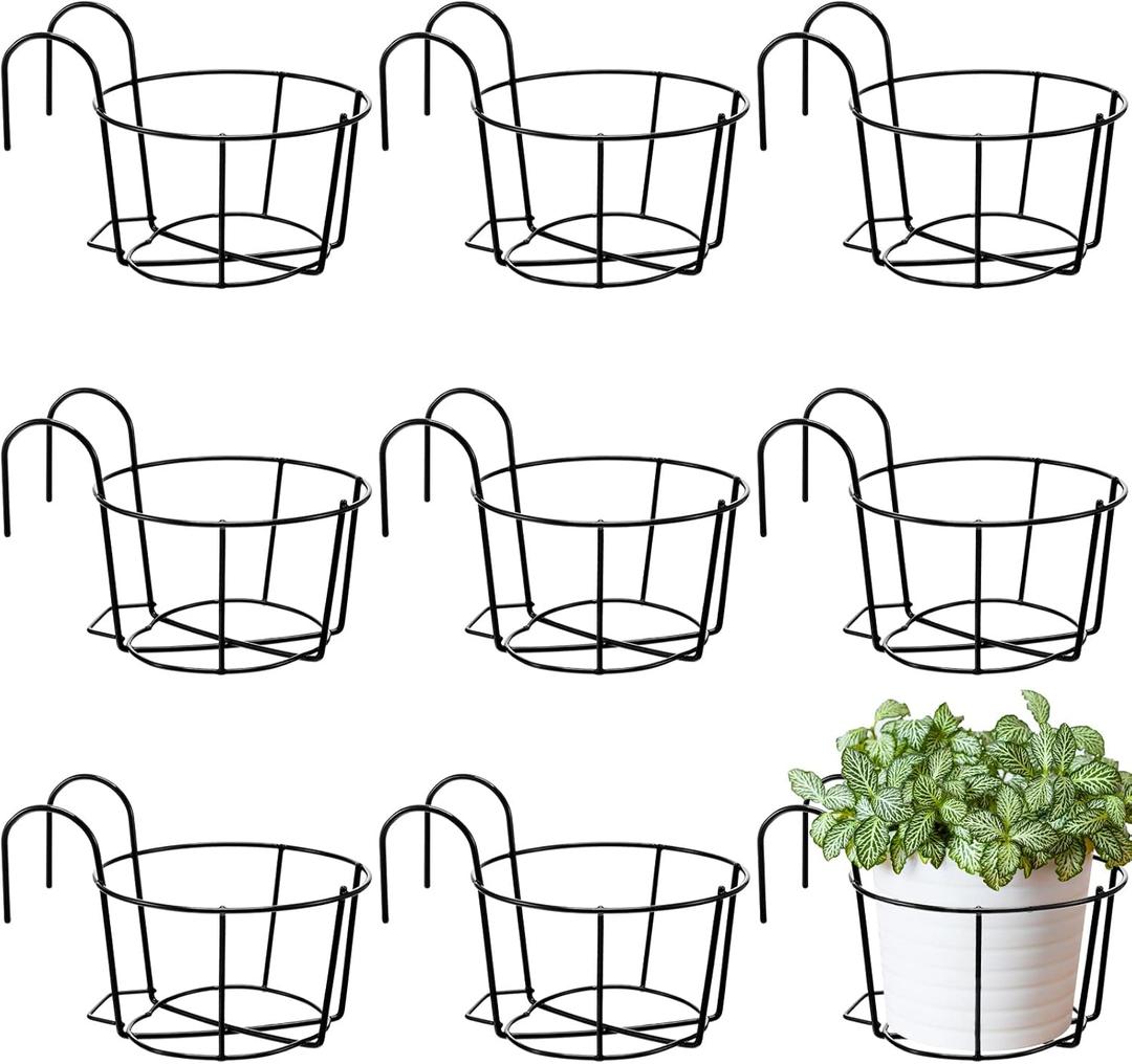 Wesiti 10 Pcs Round Hanging Railing Planters Outdoor Balcony Planters Metal Hanging Baskets Flower Pot Holder for Fence Indoor Porch Shelf Container (8 Inch, Black)