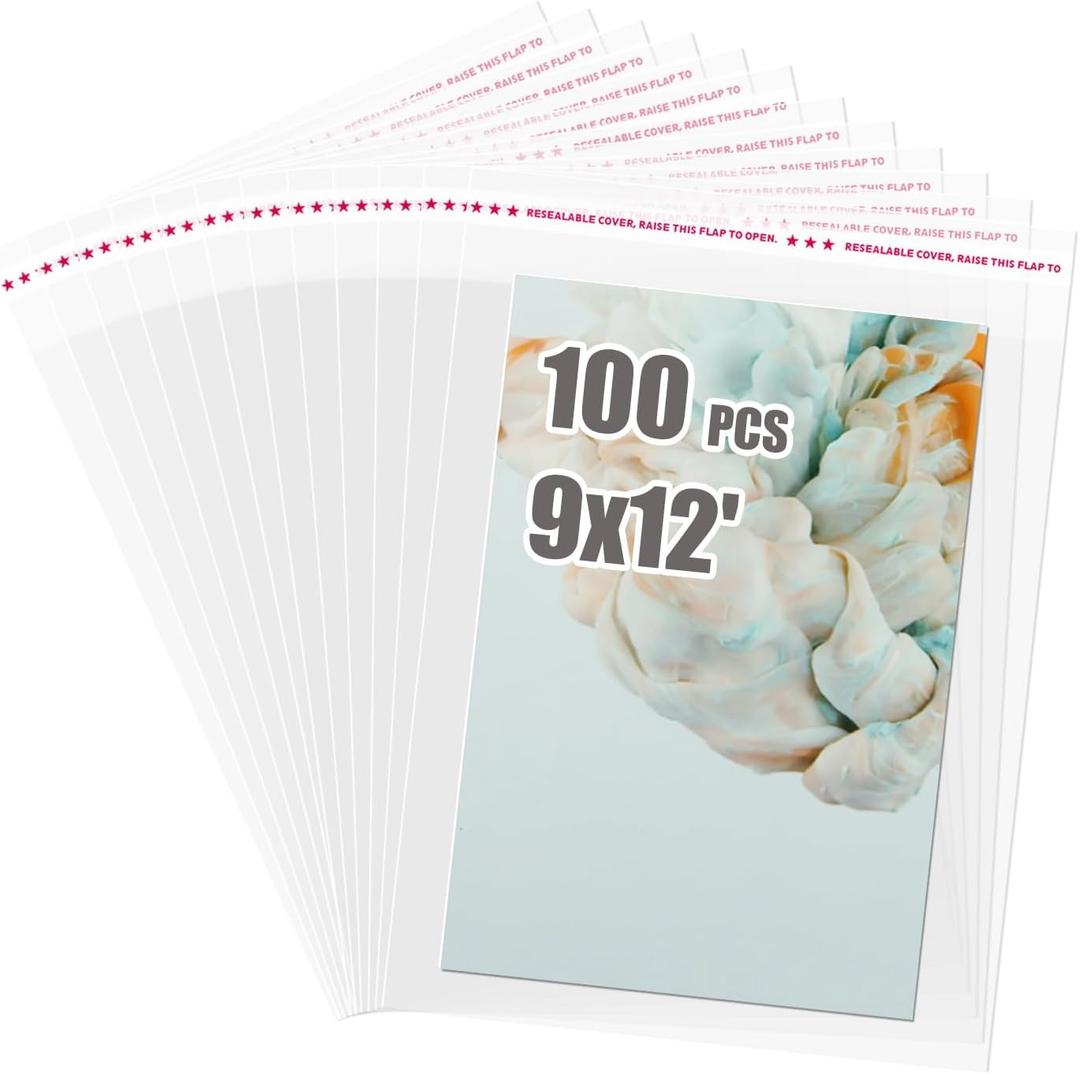 Egofine Self Sealing Cellophane Bags 100 PCS Clear Resealable Sleeves Bags for 9x12 Photo Mats (Bag Size: 9.38x12.4 inches for 9x12 Mats)