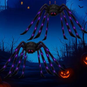 2Pack Upgraded 6.6FT Giant Spiders Halloween Spiders Decorations, 50LED Creepy Light up Spiders with 6 Lighting Mode, 2 Red Eyes, Black Hairy Scary Fake Spiders Halloween Spider Outdoor Decorations