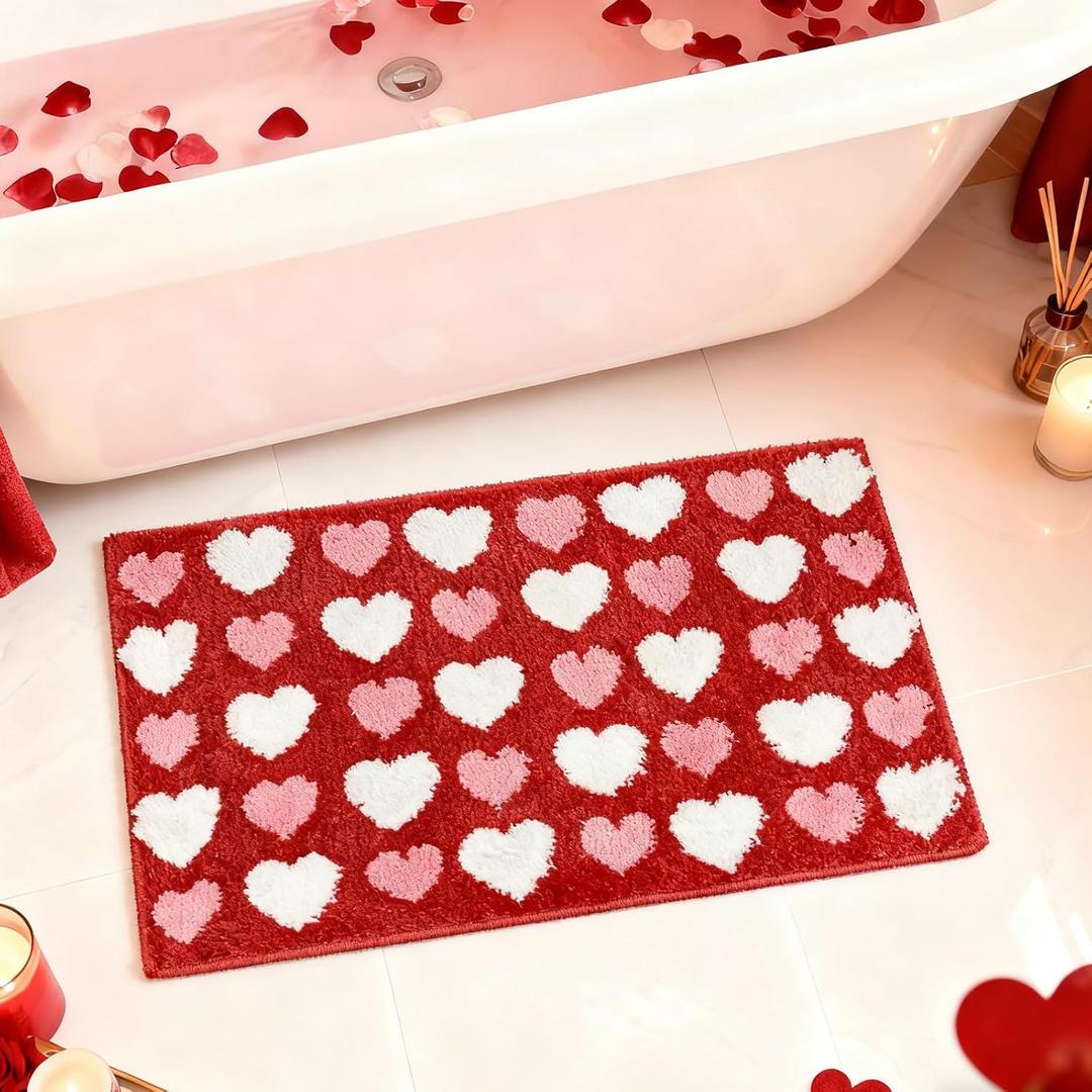 MEHOFOND Valentine's Day Bathroom Rug, Red Pink Love Heart Tufted Bath Mat, Soft Valentines Day Bath Mats Non Slip Absorbent Rectangle Shower Rug Front Door Mat Home Room Decoration, 17x24 Inch, Red