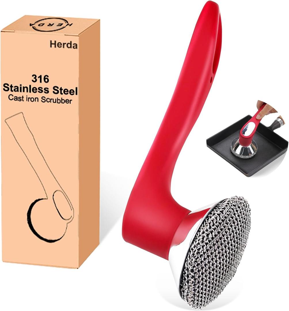Cast Iron Cleaner Scrubber with Long Handle - Welded Fine Chain Mail Cast Iron Scrubber Brush-Chainmail Sponge Scrub Cleaning Tool to Clean Skillets, Pan,Griddle, Wok, Dutch Oven (Burgundy)