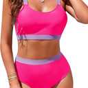 Womens High Waisted Bikini Sets Sporty Crop Top Color Block Swimwear Bandeau Scoop Neck Vintage Two Piece Bathing Suits (Large, Hot Pink)