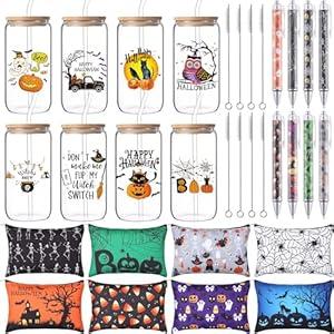 Mimorou 8 Sets Halloween Gifts for Women Including 16 oz Ghost Bats Glass Tumbler with Lids and Straw Spooky Season Cosmetic Bags Ballpoint Pens for Women Teenager Halloween Party Birthday Gift
