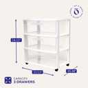 HOMZ Drawer Tower, 3-Tier Wide Rolling Storage Cart with Removable Wheels, White Frame – Plastic Organizer with Clear Bin Drawers for Bedroom, Bathroom, Home Office, and Dorm Room