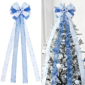 Christmas Tree Topper, Bow Large Christmas Bow Tree Topper, for Xmas Ornament Holiday Home Wedding Thanksgiving Indoor/Outdoor Decoration (Blue White)