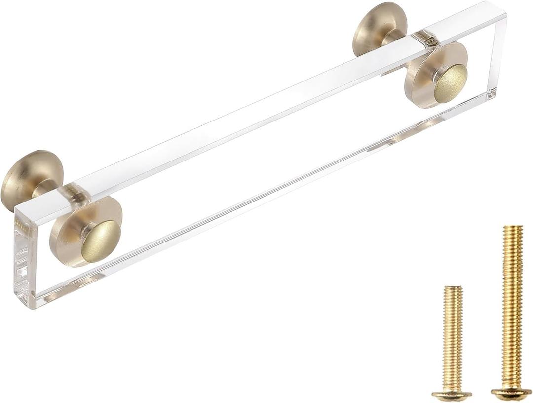 Guank 2-Pack Brass Base Crysta lacrylic Drawer Pulls,Acrylic Crystal Gold Cabinet Knob, Rectangular Kitchen Hardware Pulls, Modern armoire Hardware Pulls