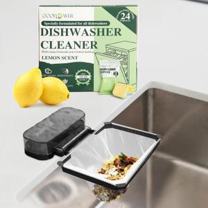 24 PCS Dishwasher Cleaner and Deodorizer Tablets, with Sink Drain Filter Basket, Deep Cleaning Formula Tablets for Removing Limescale, Odor, Smell, Hard Water Residue(Lemon-Scented)