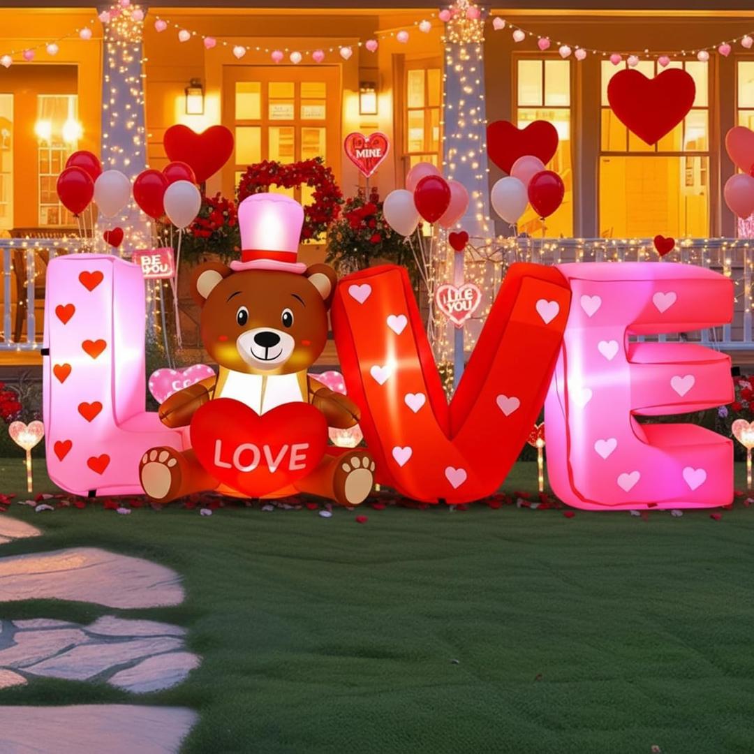 Leyndo 6 FT Long Valentine Day Inflatables Outdoor Decorations Inflatable Love Letters Valentines Bear with Heart Blow up Yard Decor with LED Lights for Home Wedding Ceremony Garden Lawn Party Decor